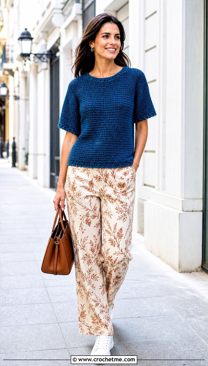 Dense Stitch Crochet Tee With Printed Trousers - 35 crochet tee outfit ideas
