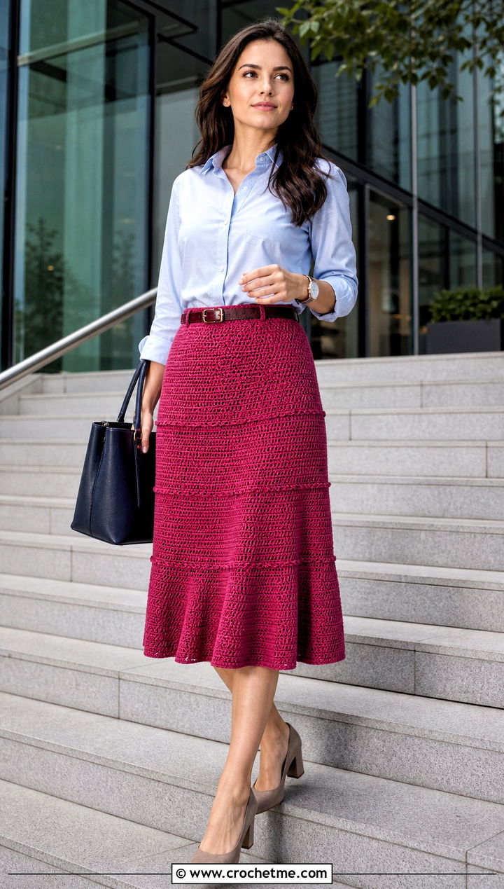 Dense Stitch Crochet Tiered Midi Skirt With Work Blouse - 35 crochet tiered skirt outfit ideas