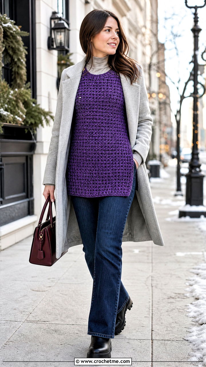 Dense Stitch Crochet Tunic With Turtleneck And Jeans - 35 crochet tunic outfit ideas