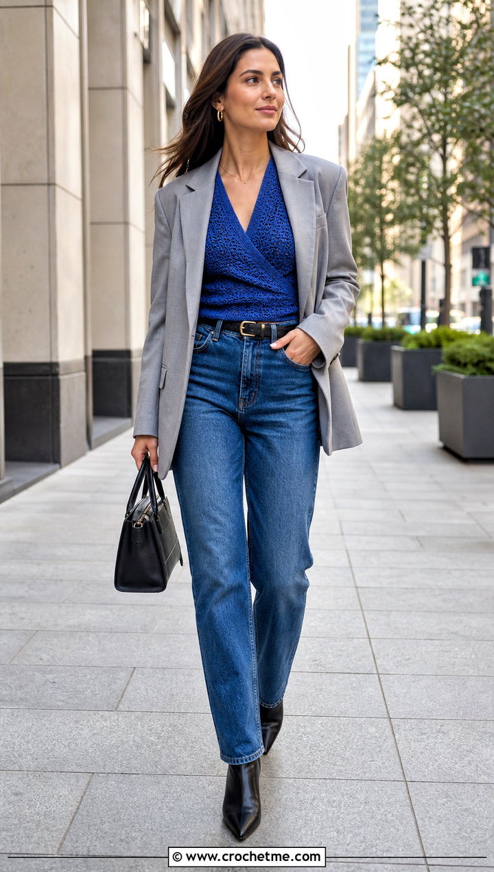 Dense Stitch Crochet Wrap Top With Blazer And Jeans - 30 crochet wrap around top outfit ideas