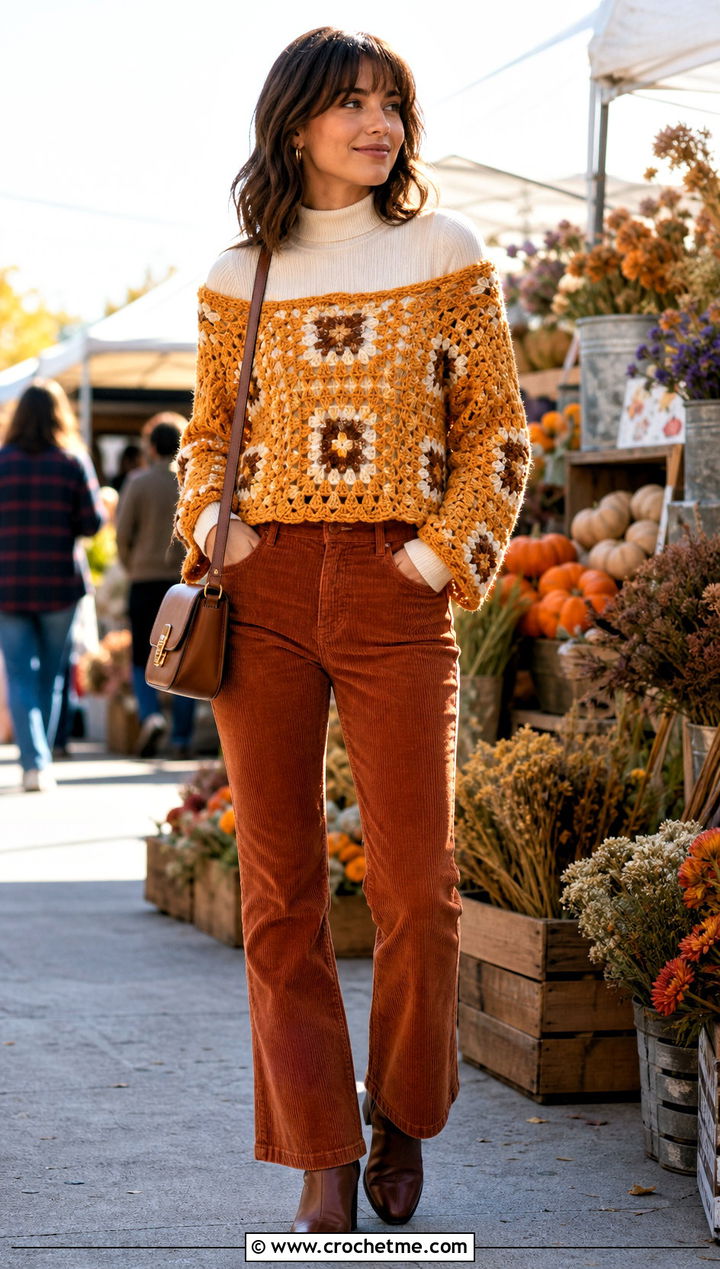 Dense Stitch Granny Square Off The Shoulder Top With Corduroy Pants - 25 Granny Square Off The Shoulder Top outfit ideas