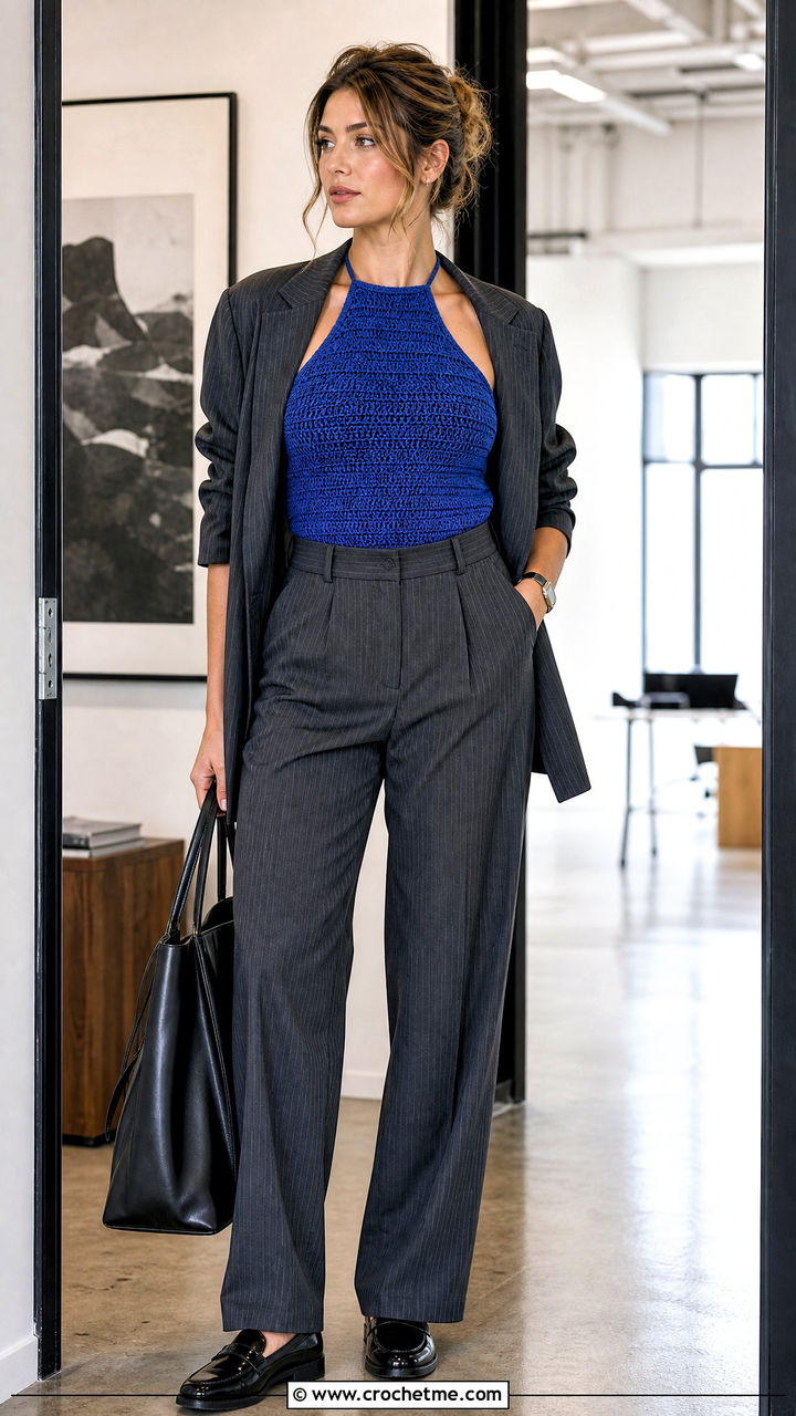 Dense Stitch Halter Crochet Top With Pinstripe Trousers - 35 halter crochet top outfit ideas