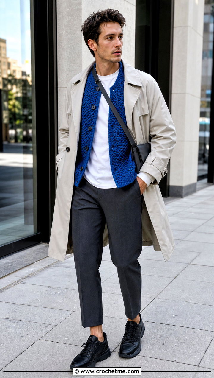 Dense Stitch Hexagon Crochet Cardigan With Trench Coat - 35 men hexagon crochet cardigan outfit ideas