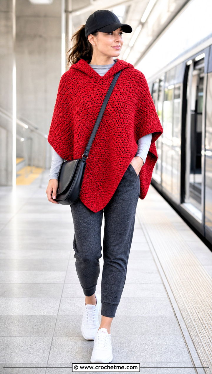 Dense Stitch Hooded Poncho With Joggers - 35 Crochet Hooded Poncho outfit ideas