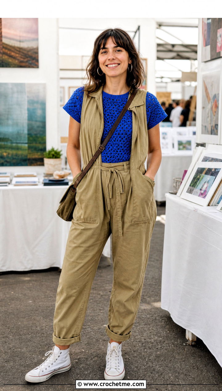 Dense Stitch Maria Crochet Top With Utility Jumpsuit - 20 maria crochet top outfit ideas