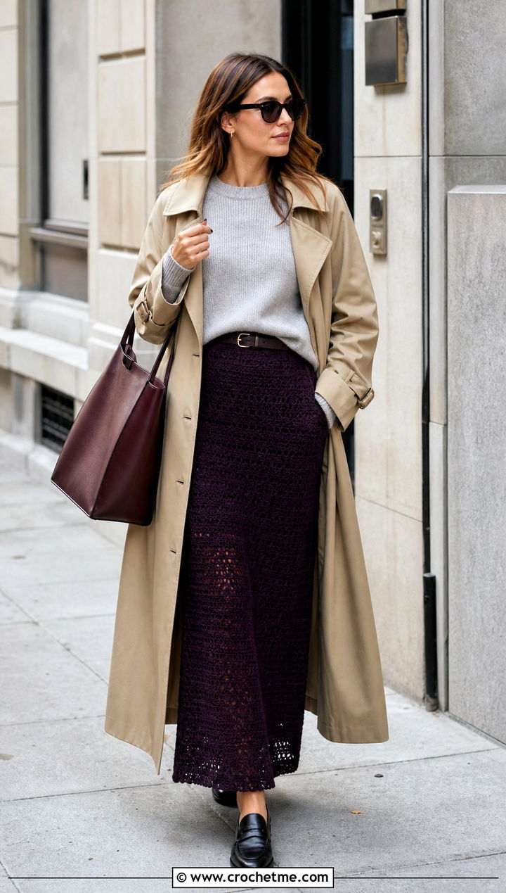 Dense Stitch Maxi Crochet Skirt With Trench Coat - 35 maxi crochet skirt outfit ideas
