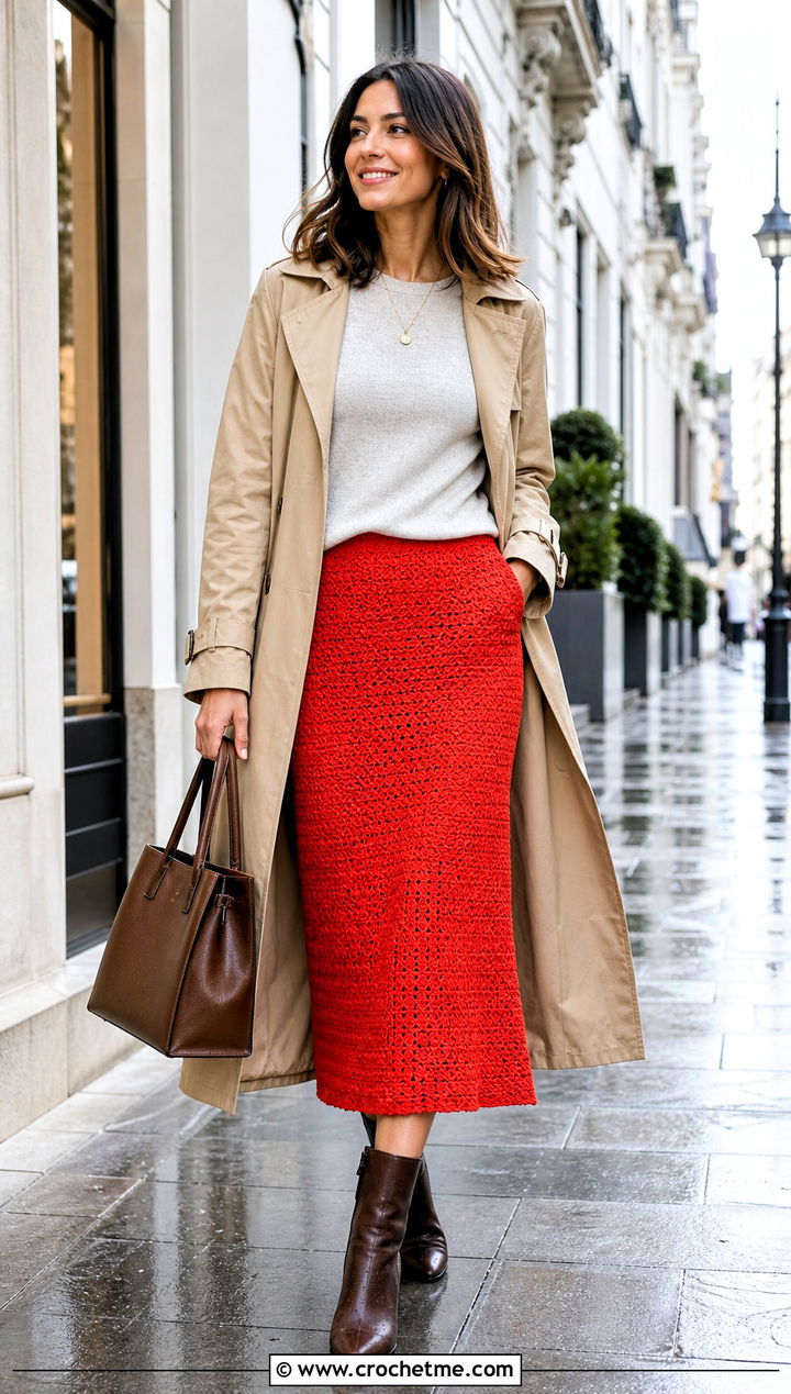 Dense Stitch Midi Crochet Skirt With Trench Coat - 30 midi crochet skirt outfit ideas