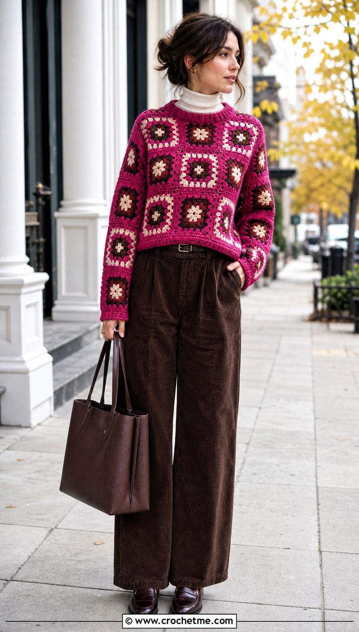Dense Stitch Square Jumper With Corduroy Pants - 30 crochet square jumper outfit ideas