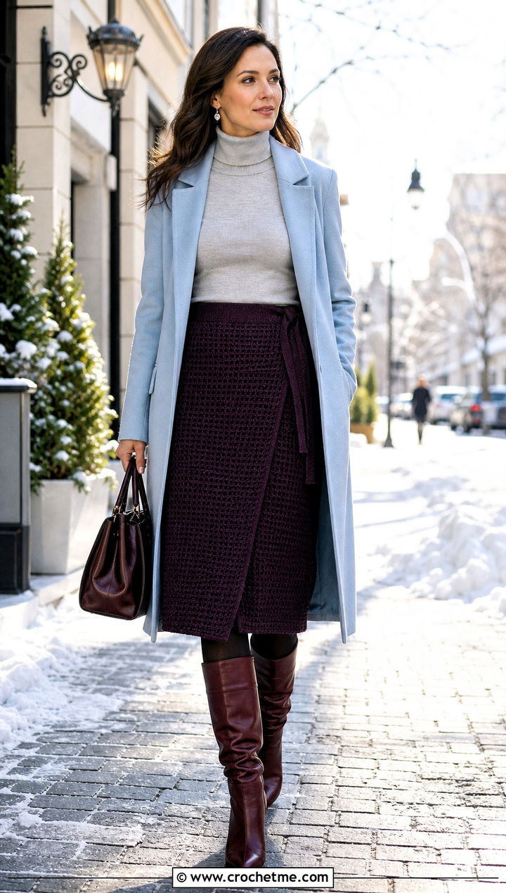 Dense Stitch Wrap Crochet Midi Skirt With Turtleneck - 15 wrap crochet skirt outfit ideas