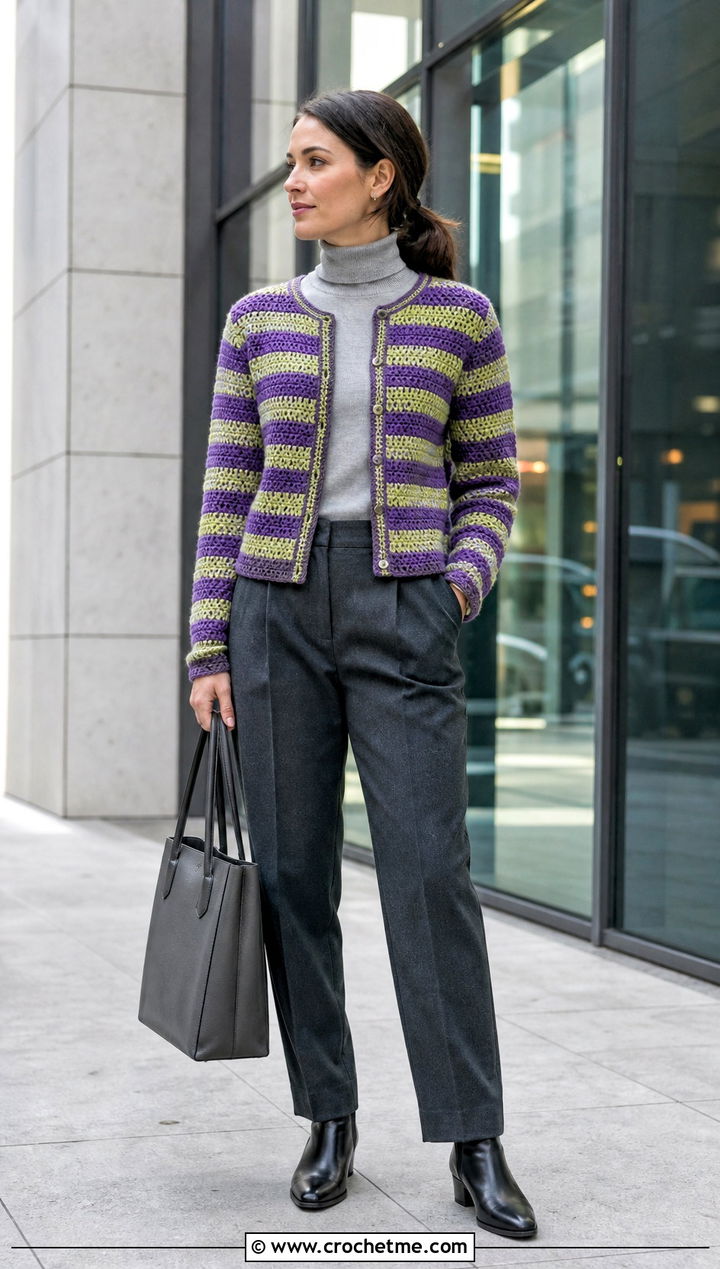 Dense Stripe Crochet Cardigan With Wool Trousers - 35 crochet striped cardigan outfit ideas