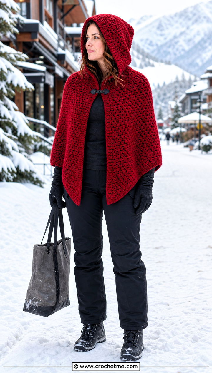 Dense Wool Crochet Hooded Cape With Thermal Pants - 35 crochet hooded cape outfit ideas