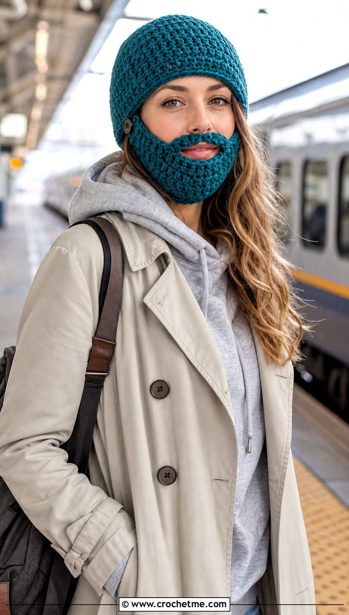 Detachable Beard Crochet Hat With Trench Coat - 25 Beard Crochet Hat outfit ideas