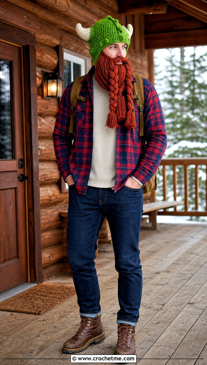 Detachable Beard Crochet Viking Hat With Flannel Shirt - 35 crochet viking hat outfit ideas