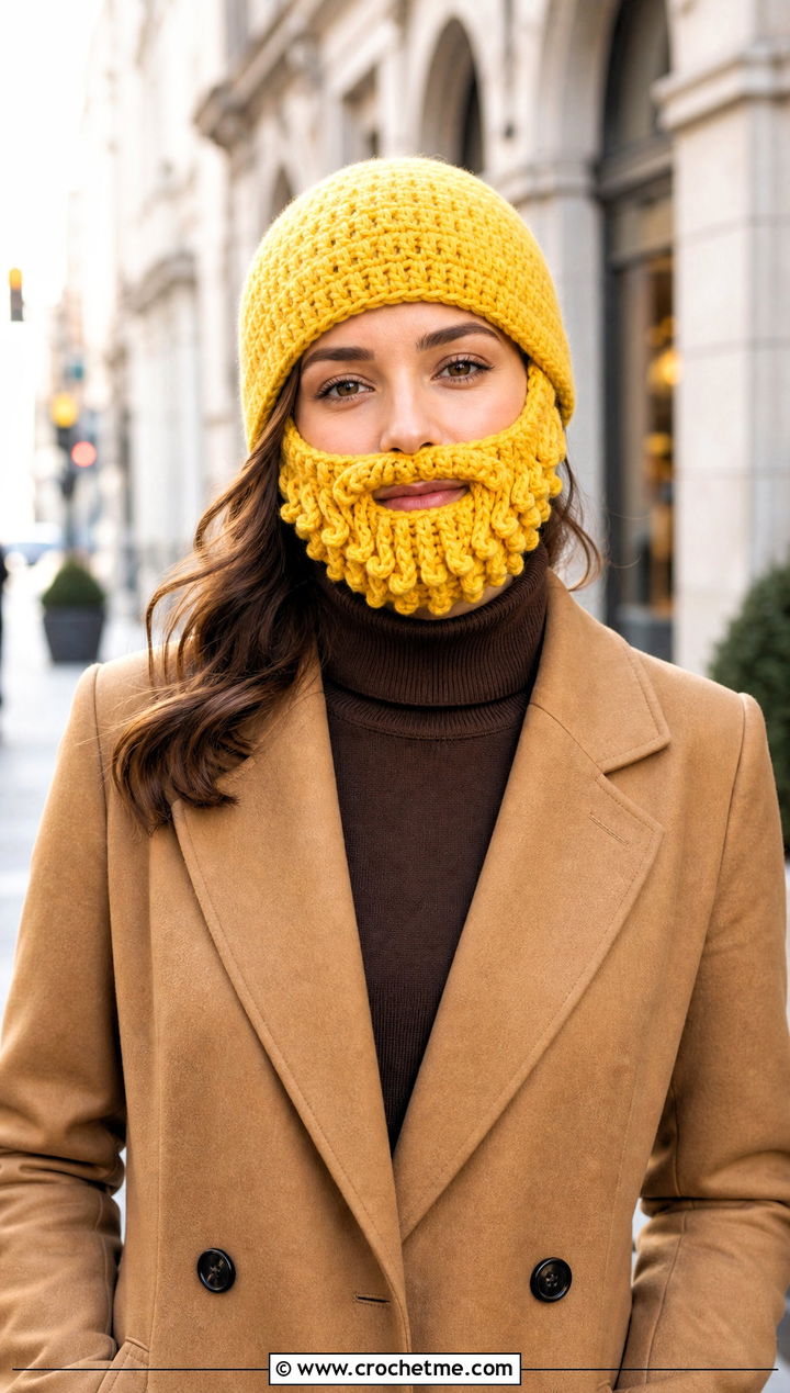 Detachable Crochet Beard Beanie With Wool Coat - 15 Crochet Hat With Beard outfit ideas