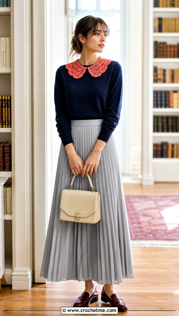Detachable Crochet Collar With Sweater And Pleated Maxi Skirt - 35 Modest Crochet Outfit Ideas
