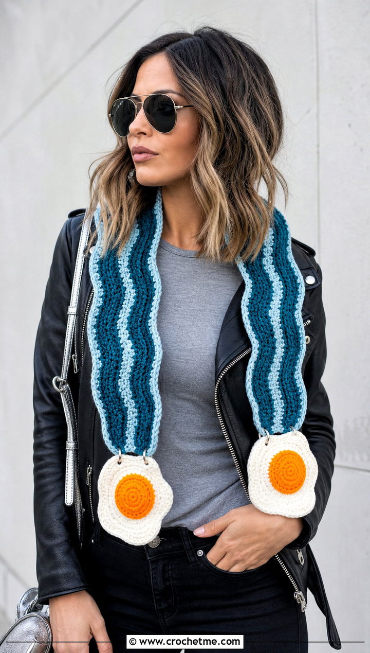 Detachable Egg Bacon Scarf With Leather Jacket - 20 Crochet Bacon And Eggs Scarf outfit ideas