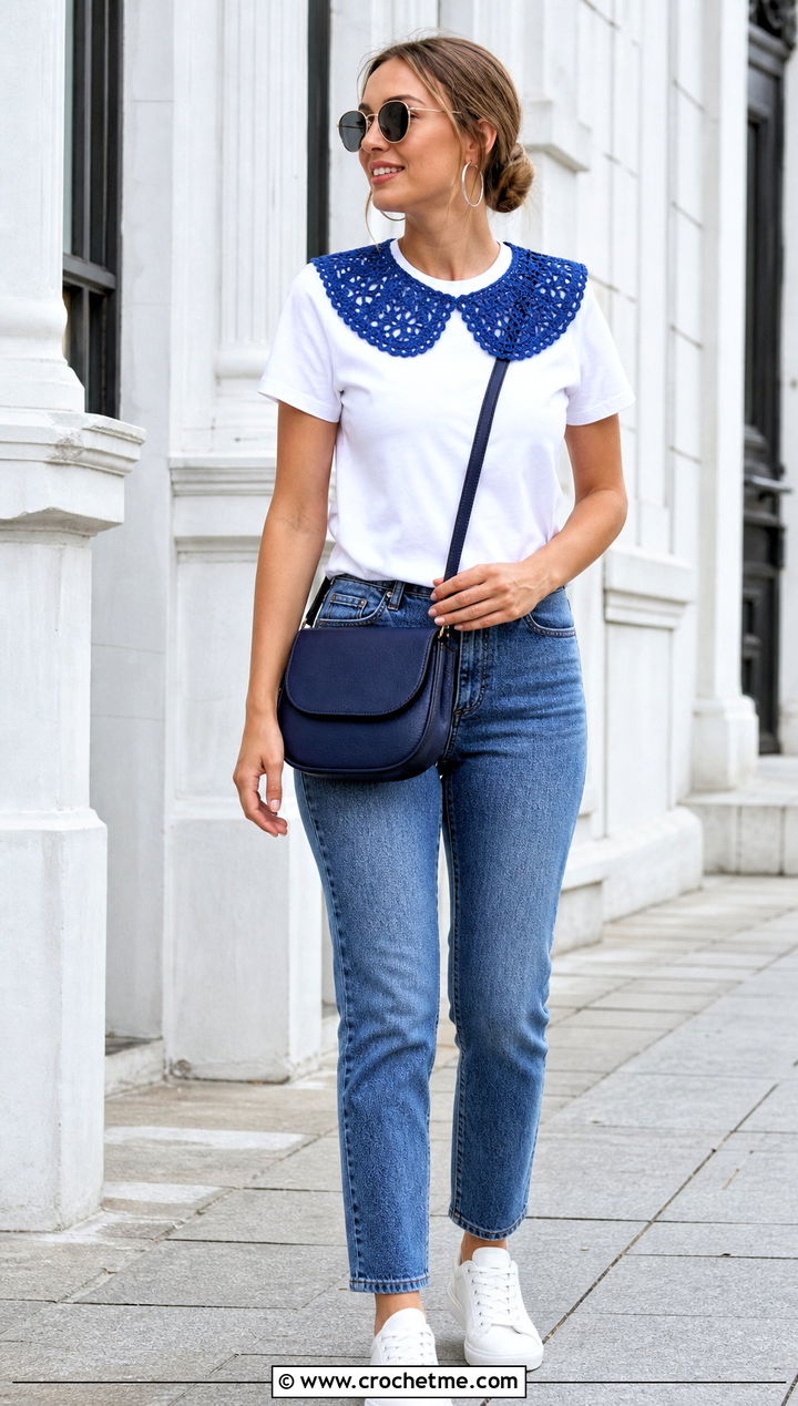 Detachable Lace Crochet Peter Pan Collar With T Shirt And Jeans - 35 crochet peter pan collar outfit ideas