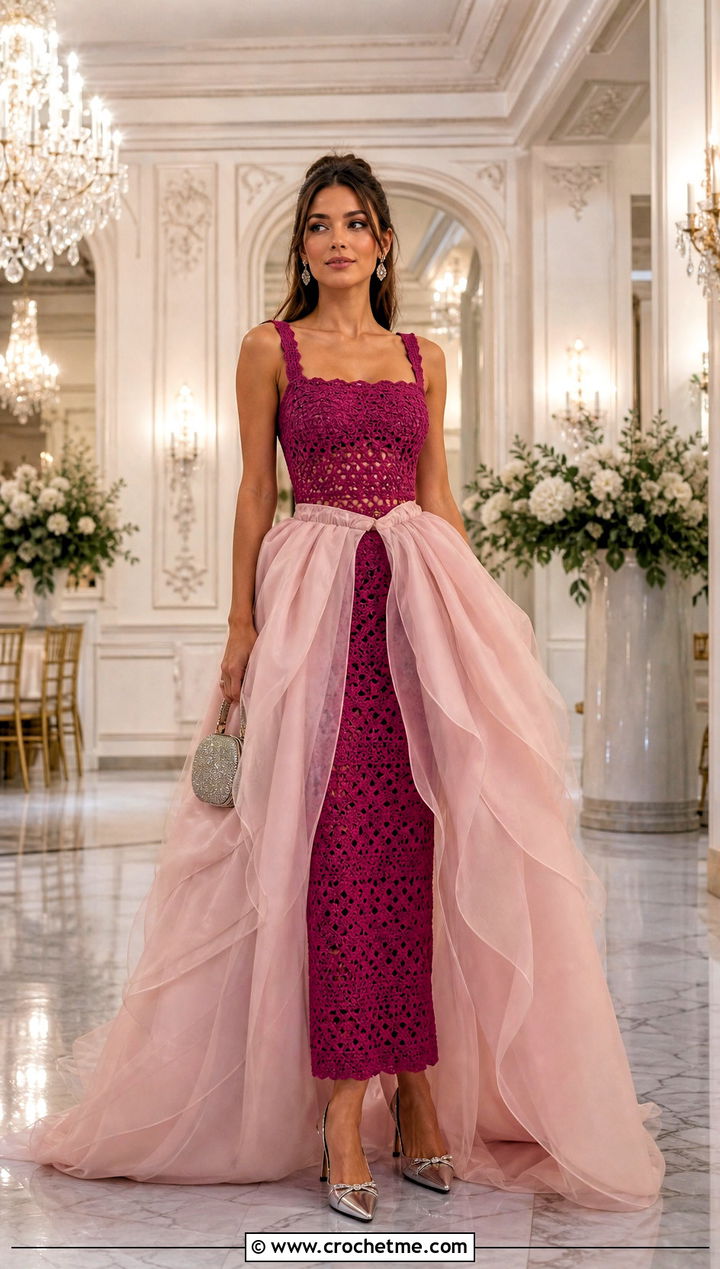 Detachable Overskirt Crochet Ball Gown With Slingback Heels - 20 Crochet Ball Gown outfit ideas