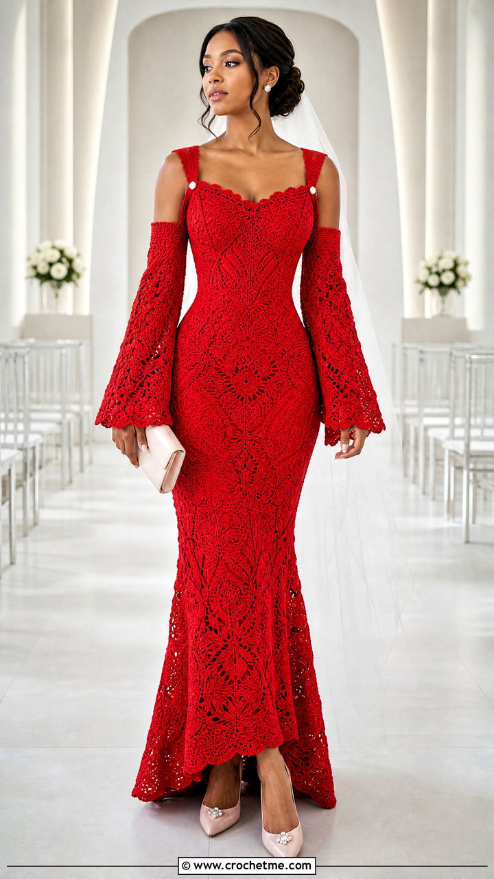 Detachable Sleeve Crochet Gown With Pearl Pumps - 35 crochet wedding dress outfit ideas