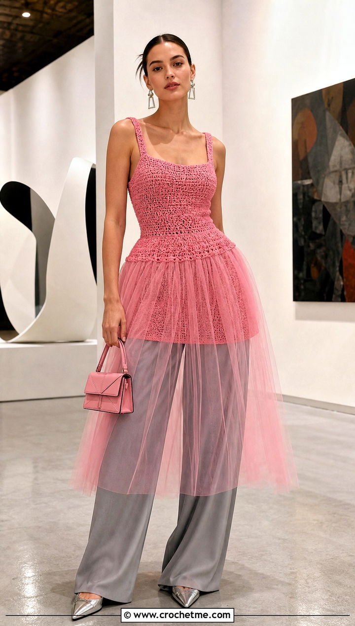 Detachable Tulle Crochet Tutu Dress With Wide Leg Pants - 35 Crochet Tutu Dress outfit ideas
