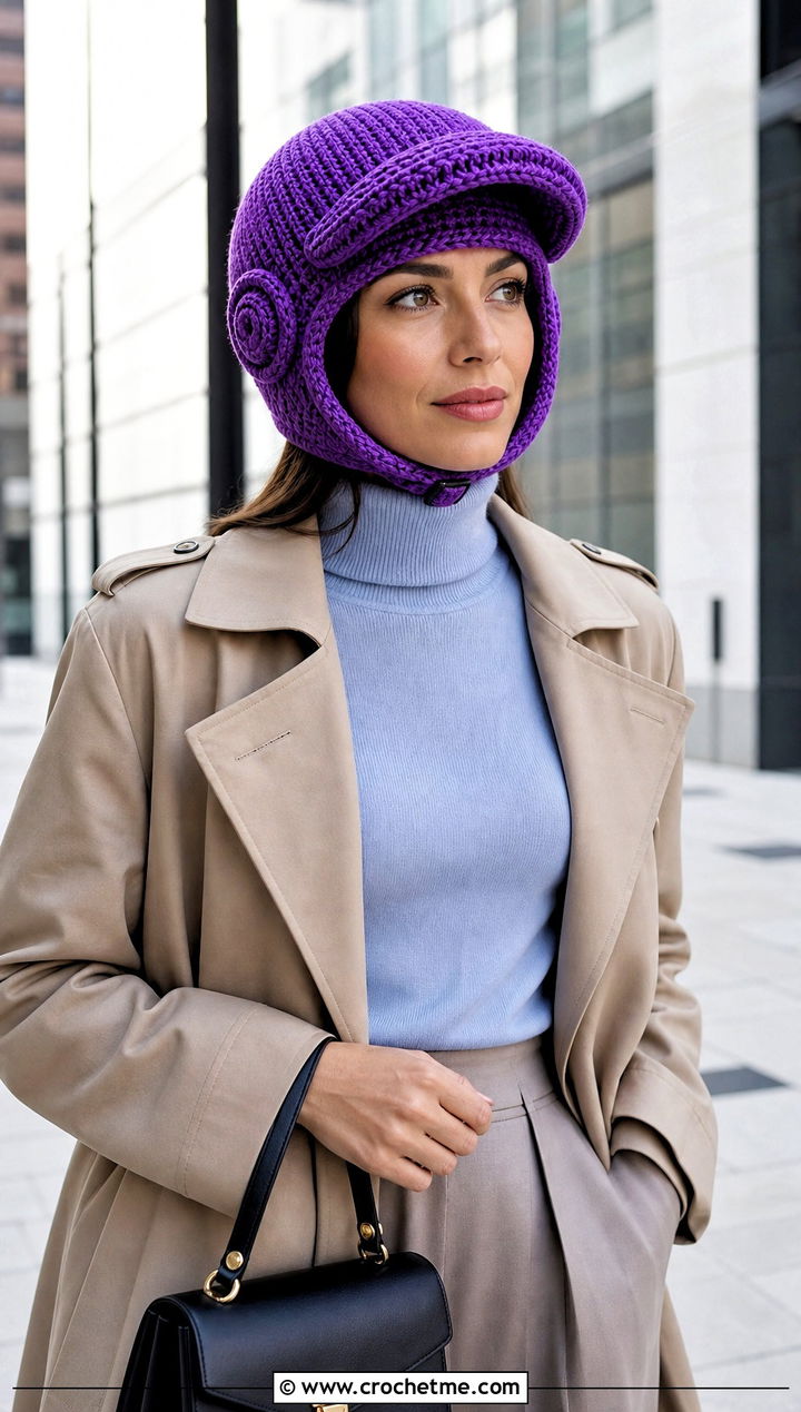 Detachable Visor Crochet Astronaut Hat With Trench Coat And Trousers - 15 Crochet Astronaut Hat outfit ideas