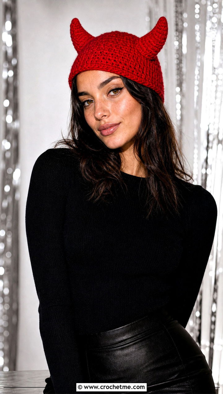 Devil Horn Beanie With Leather Mini Skirt - 25 Halloween Crochet Beanies outfit ideas