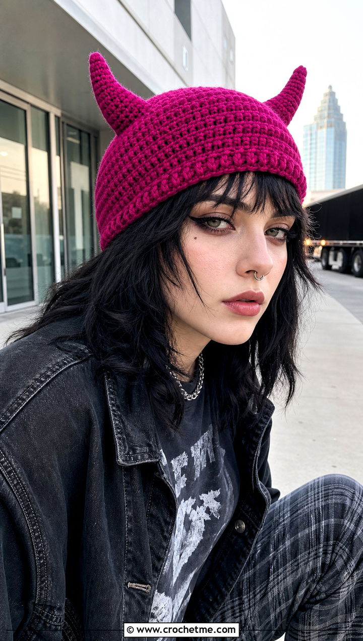 Devil Horn Square Beanie With Band Tee And Plaid Skirt - 25 square crochet beanie outfit ideas