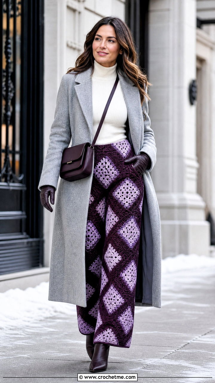 Diagonal Granny Square Straight Leg Pants With Mock Neck Top And Wool Coat - 35 crochet granny square pants outfit ideas