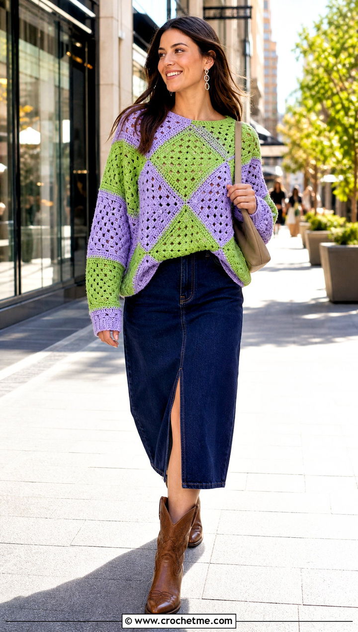 Diagonal Patchwork Oversized Granny Square Sweater With Denim Midi Skirt - 15 Crochet Oversized Granny Square Sweater outfit ideas