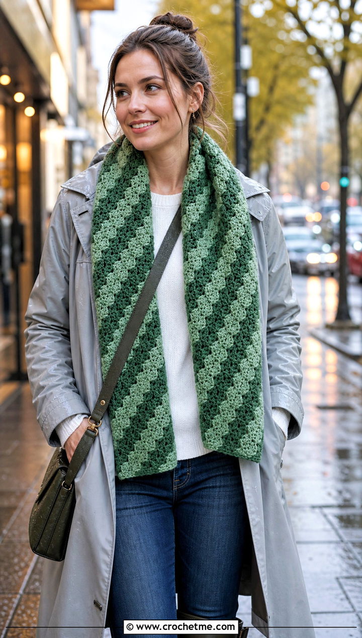 Diagonal Ripple C C Scarf With Raincoat And Jeans - 35 c2c crochet scarf outfit ideas
