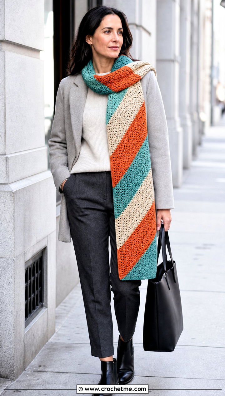 Diagonal Stripe Crochet Scarf With Minimalist Coat - 30 Stripe Crochet Scarf outfit ideas