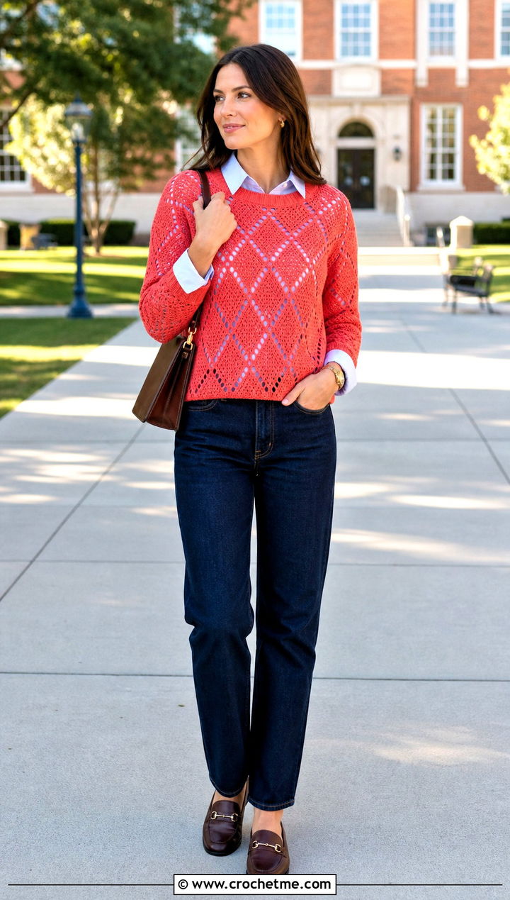 Diamond Block Crochet Sweater With a Collared Shirt and Jeans - 30 crochet block sweater outfit ideas