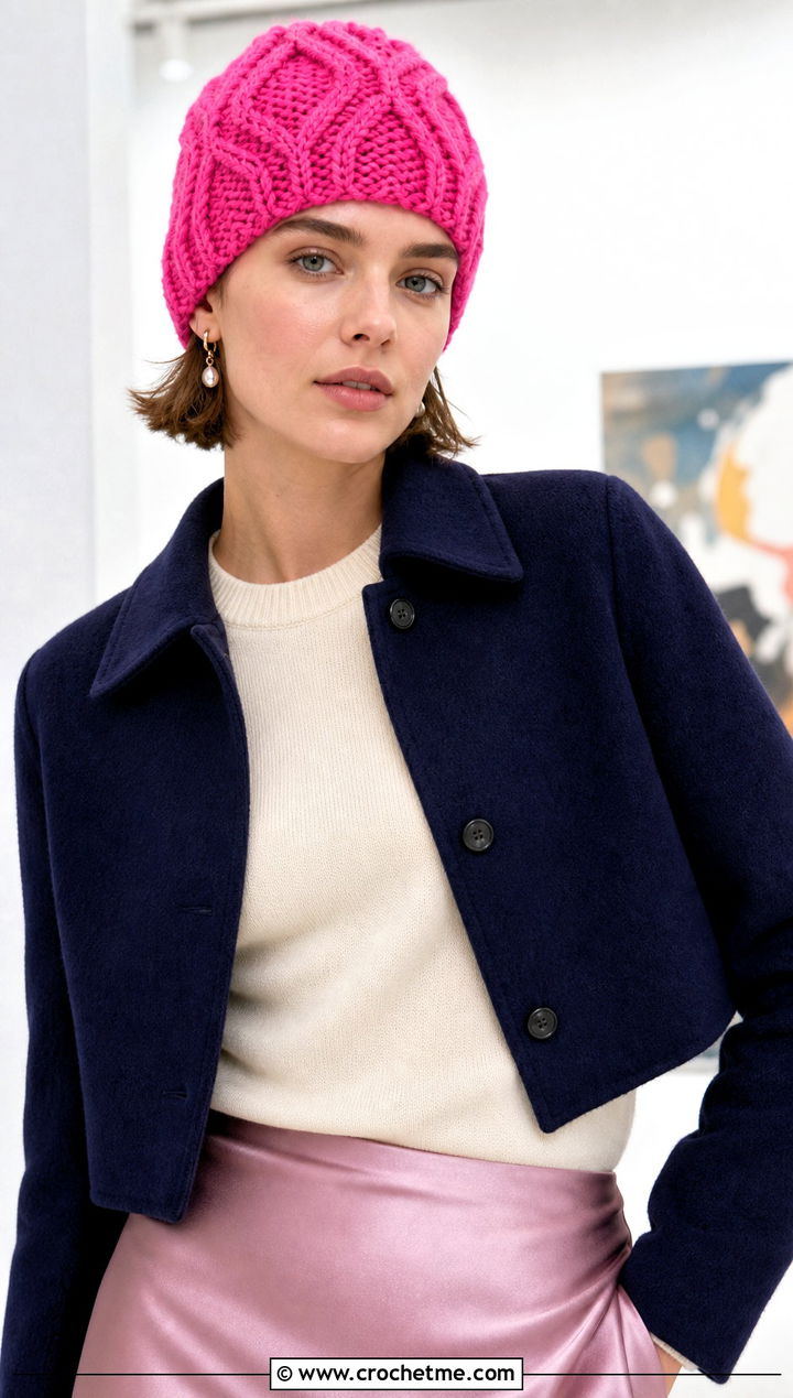 Diamond Cable Beanie With Satin Midi Skirt - 20 Crochet Cable Stitch Beanie outfit ideas
