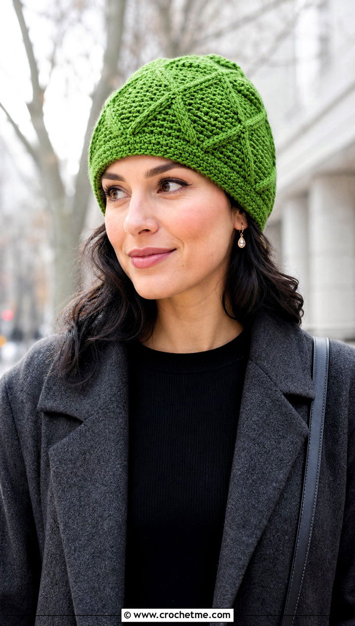 Diamond Cable Crochet Beanie With Sweater Dress - 25 Cable Knit Crochet Hat outfit ideas