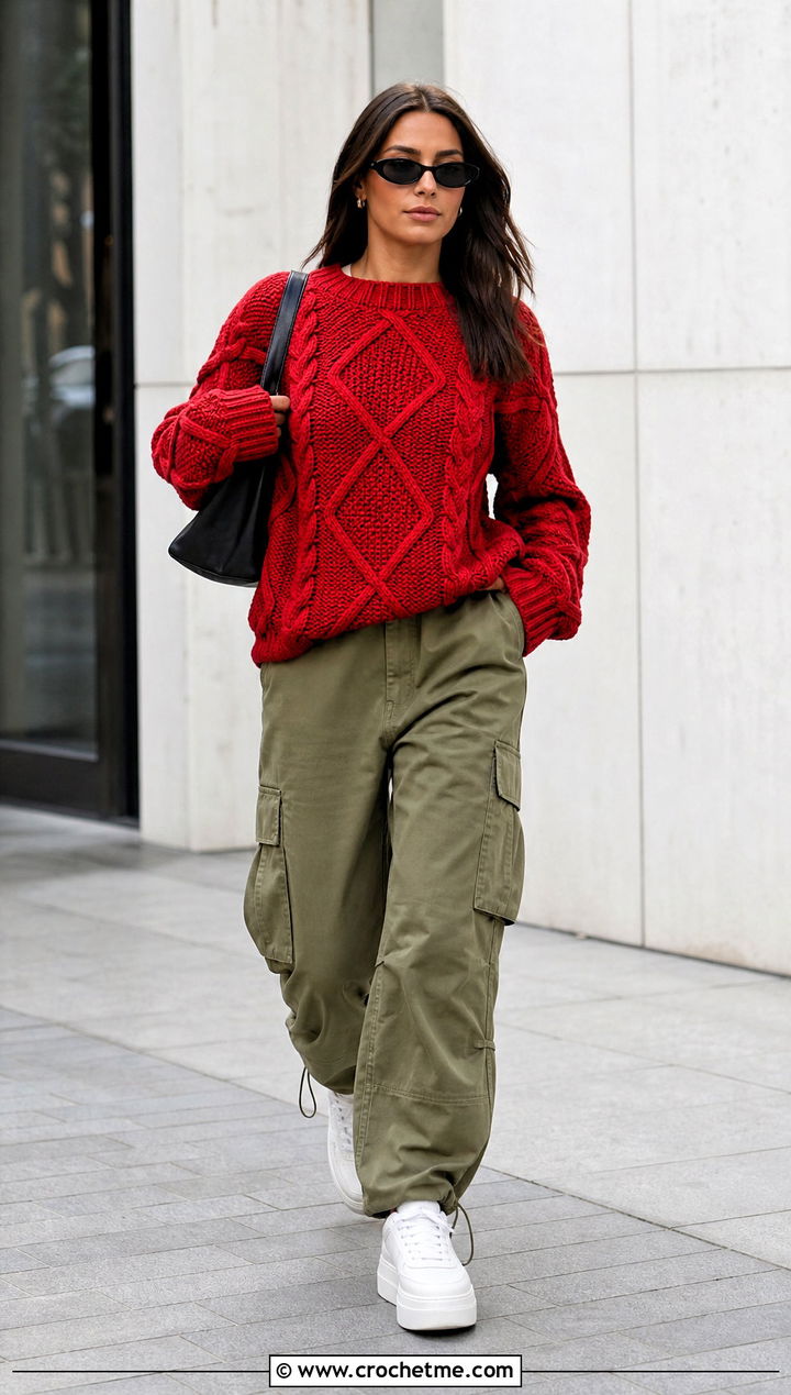Diamond Cable Crochet Celtic Sweater With Cargo Pants - 15 Crochet Celtic Sweater outfit ideas