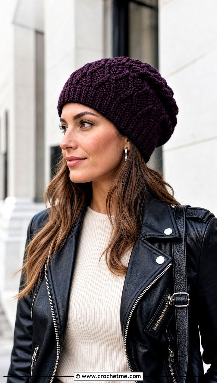 Diamond Cable Crochet Slouch Beanie With Leather Jacket - 15 Diamond Crochet Hat outfit ideas
