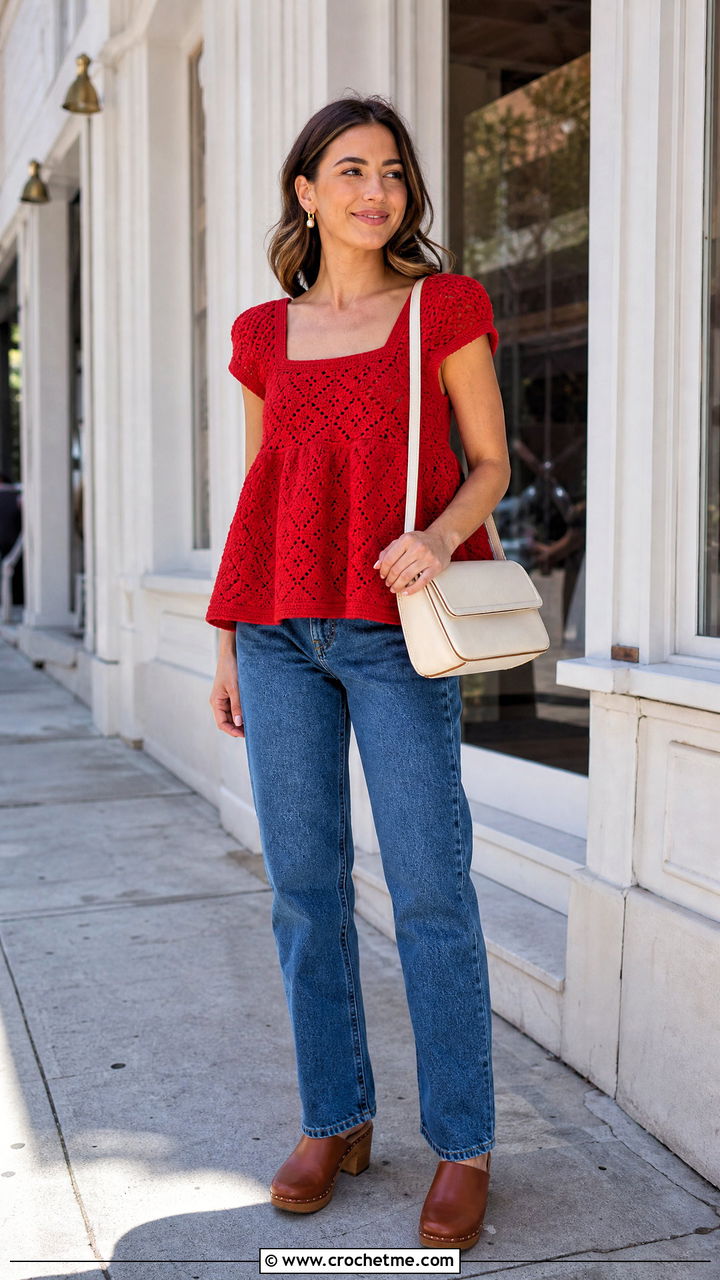 Diamond Crochet Babydoll Top With Straight Jeans - 35 crochet diamond top outfit ideas