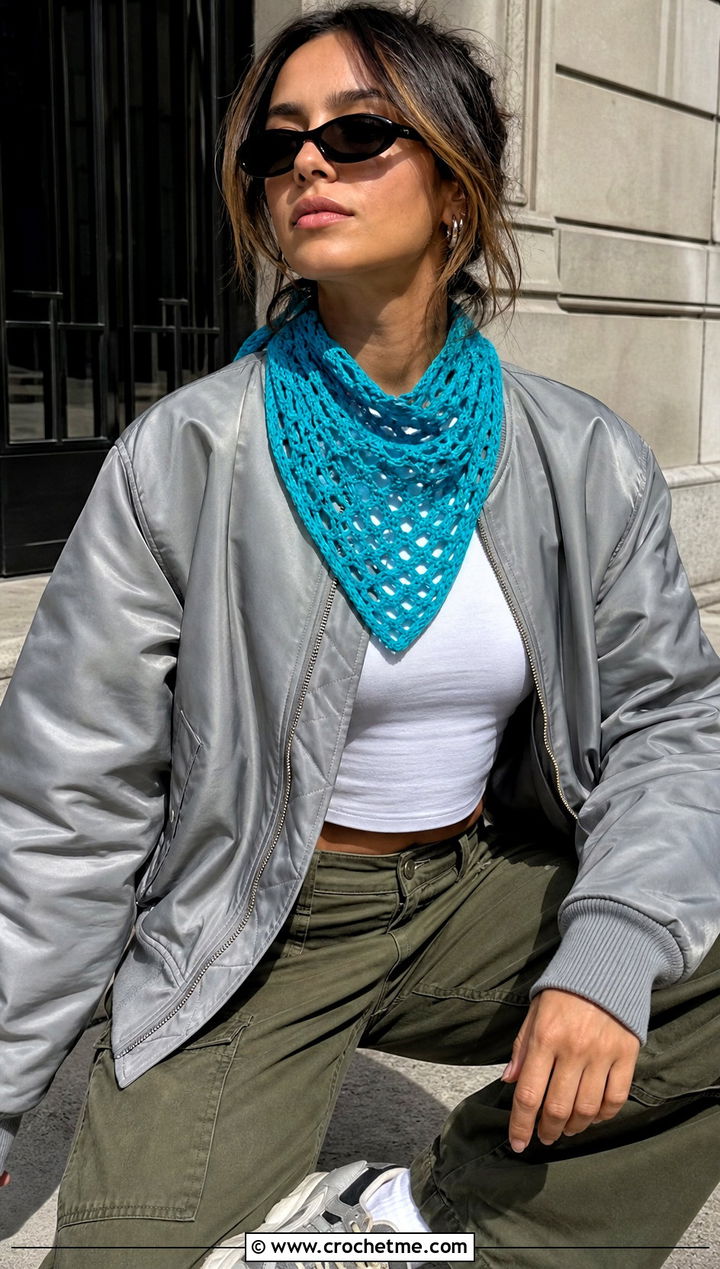 Diamond Crochet Bandana Scarf With Bomber Jacket - 15 diamond crochet scarf outfit ideas