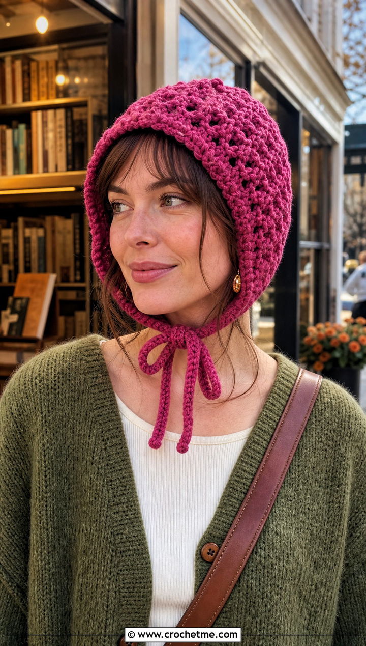 Diamond Crochet Bonnet Hat With Corduroy Pants - 15 Diamond Crochet Hat outfit ideas