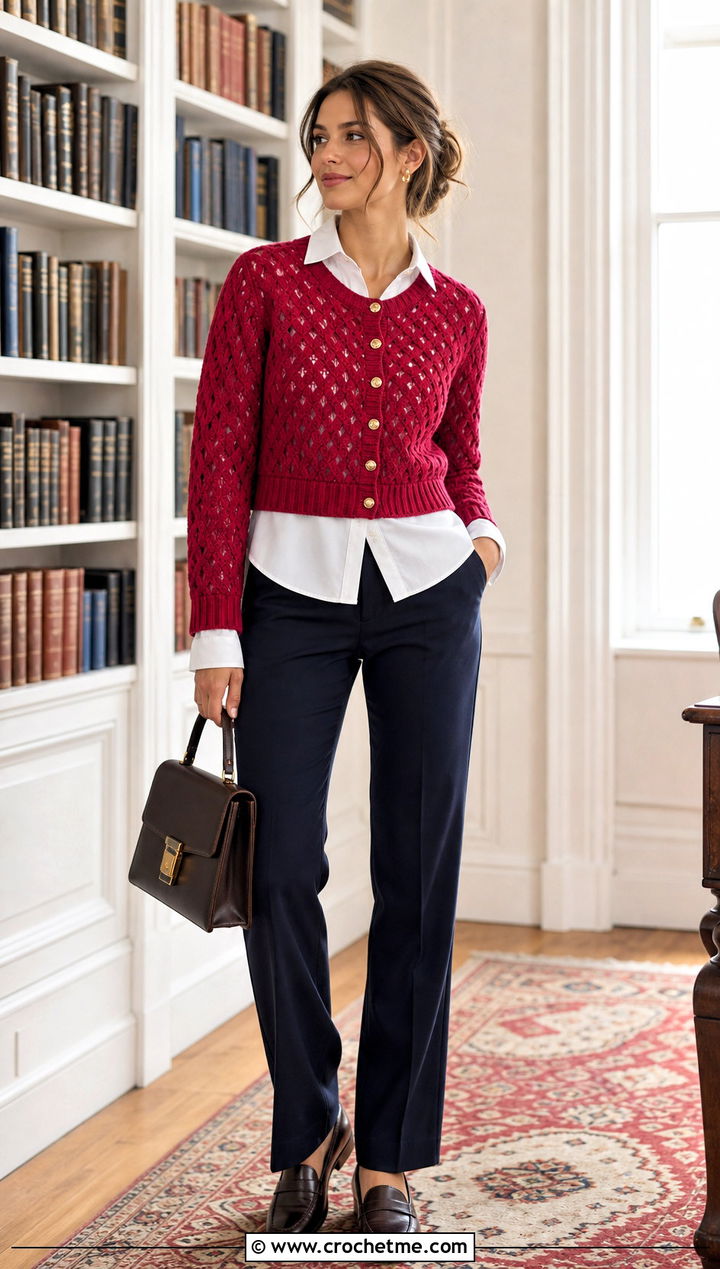 Diamond Crochet Cardigan With White Button Down Shirt - 30 diamond crochet cardigan outfit ideas