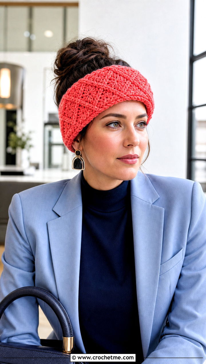 Diamond Crochet Ear Warmer With Tailored Suit - 25 Quick Crochet Ear Warmer outfit ideas