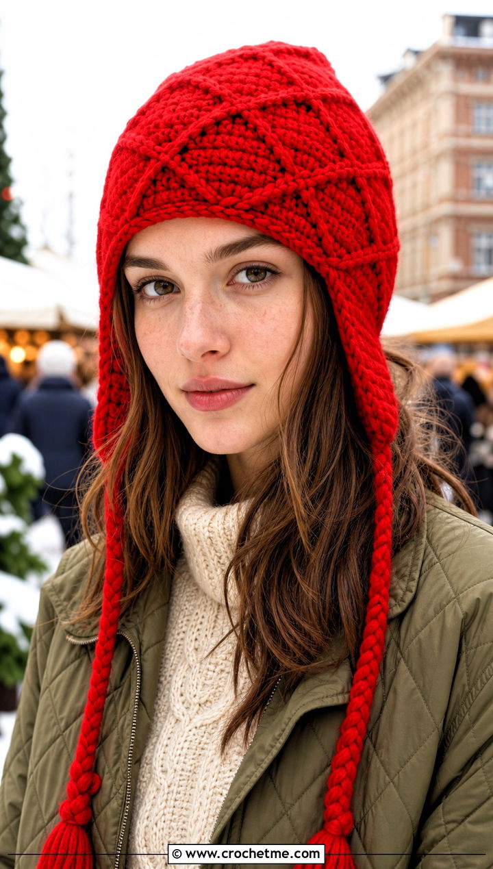 Diamond Crochet Earflap Hat With Quilted Jacket - 15 Diamond Crochet Hat outfit ideas