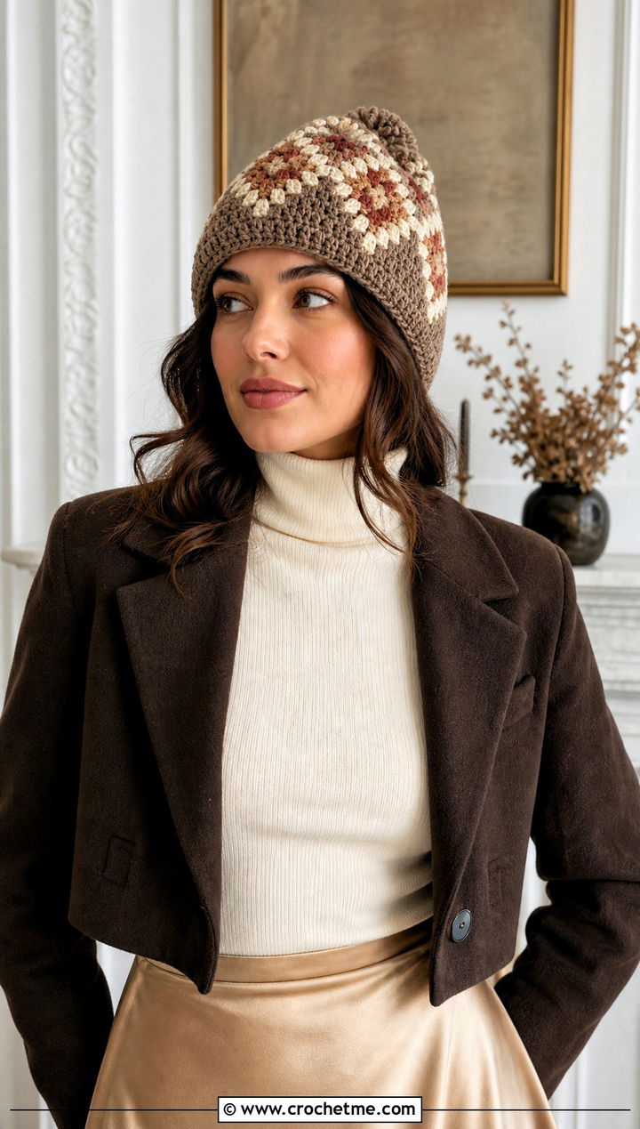 Diamond Crochet Fair Isle Beanie With Satin Skirt - 25 Crochet Fair Isle Hat outfit ideas