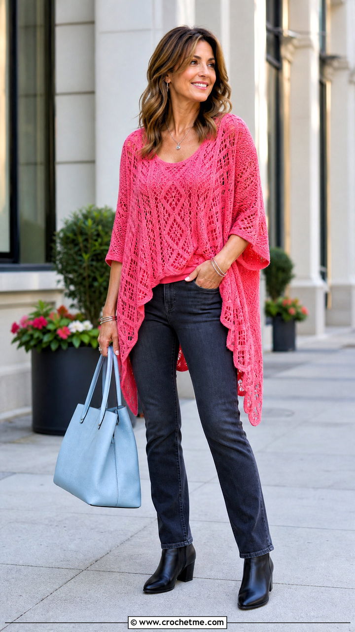 Diamond Crochet High Low Top With Skinny Jeans - 35 crochet diamond top outfit ideas