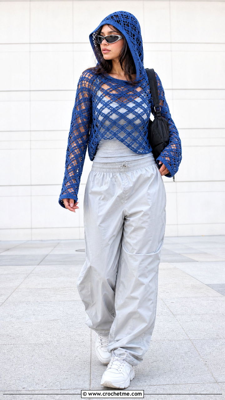 Diamond Crochet Hoodie Top With Parachute Pants - 35 crochet diamond top outfit ideas