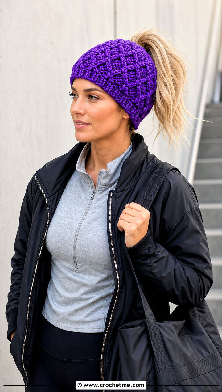 Diamond Crochet Messy Bun Beanie With Athleisure - 15 Diamond Crochet Hat outfit ideas