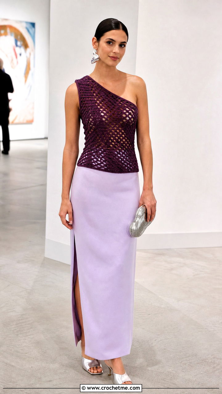 Diamond Crochet One Shoulder Top With Column Skirt - 35 crochet diamond top outfit ideas