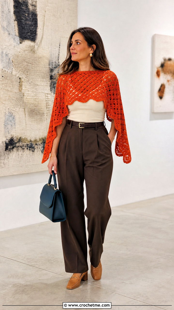 Diamond Crochet Poncho Top With Belted Trousers - 35 crochet diamond top outfit ideas