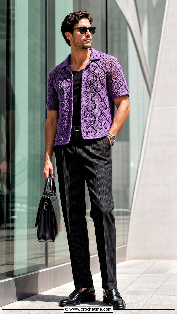 Diamond Crochet Shirt With Pinstripe Trousers - 35 crochet men shirt outfit ideas