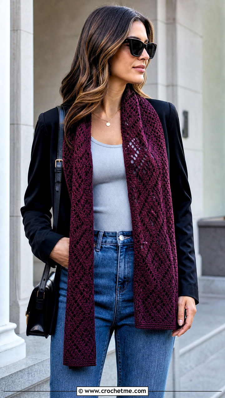Diamond Crochet Skinny Scarf With Blazer And Jeans - 15 diamond crochet scarf outfit ideas